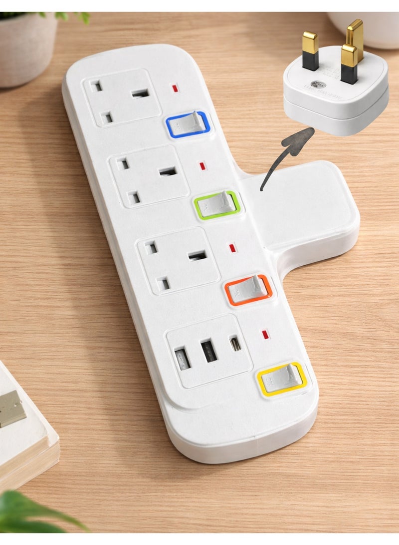 Extension Socket with Individual Switches, 10A 2000W Power Strip, UK Plug, USB & Type-C Ports, 220–250V Home & Office Extension Lead